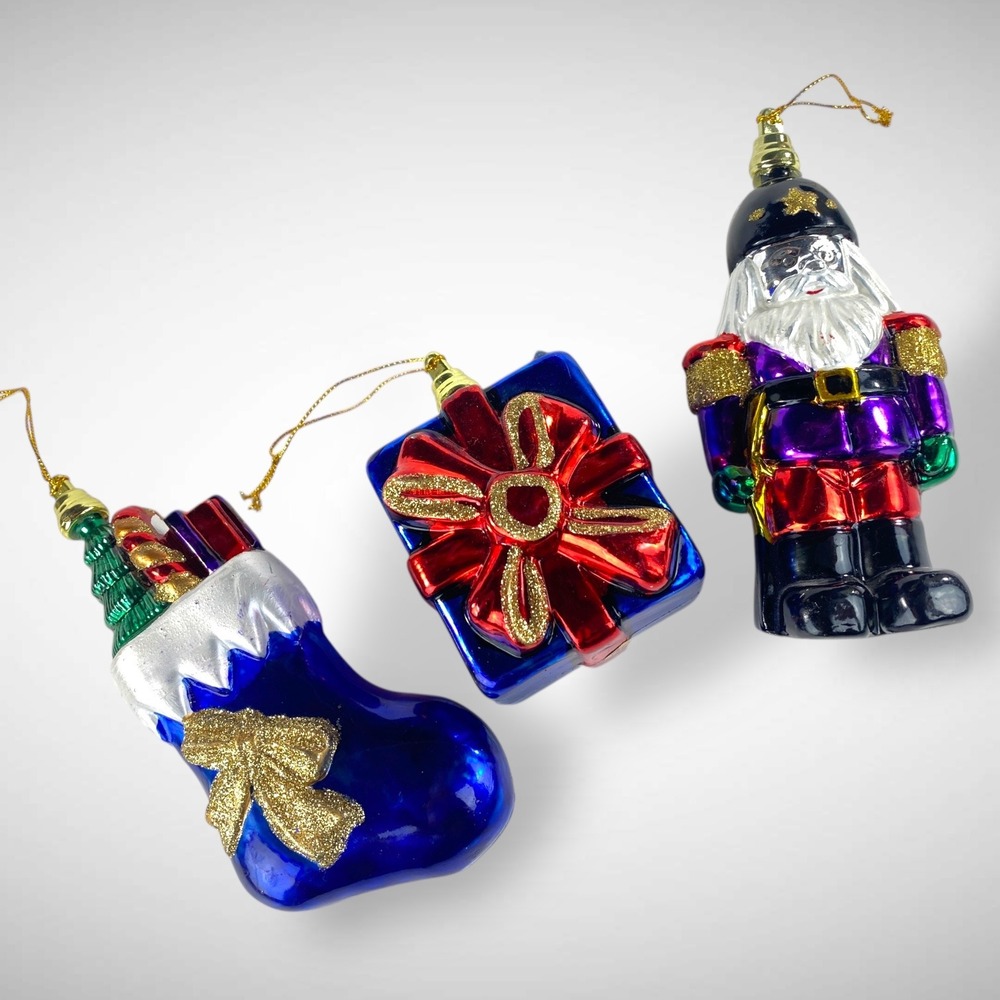 Vintage Plastic Christmas Ornaments‎ Soldier Stocking Present Hard Plastic Set